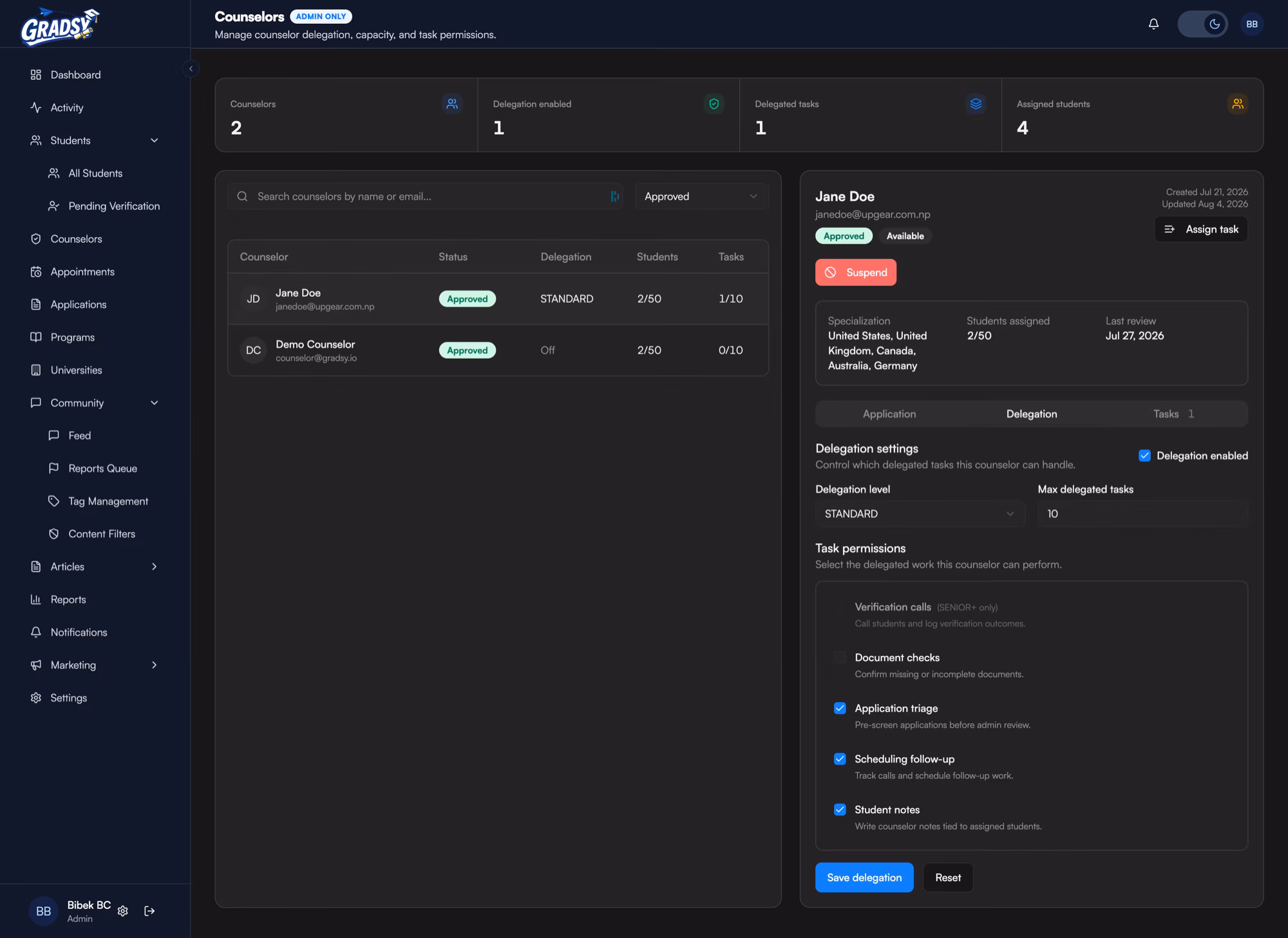 An admin delegation panel setting a counselor's delegation level, maximum concurrent tasks, and which categories of work they may take.