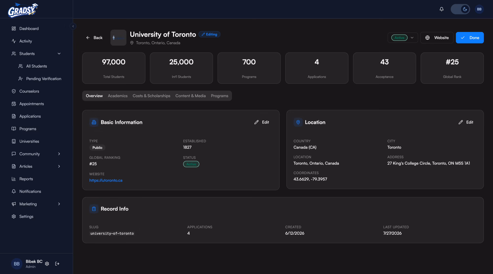 A university editor with tabs for overview, academics, costs, media and programs, showing basic information, location and record metadata.