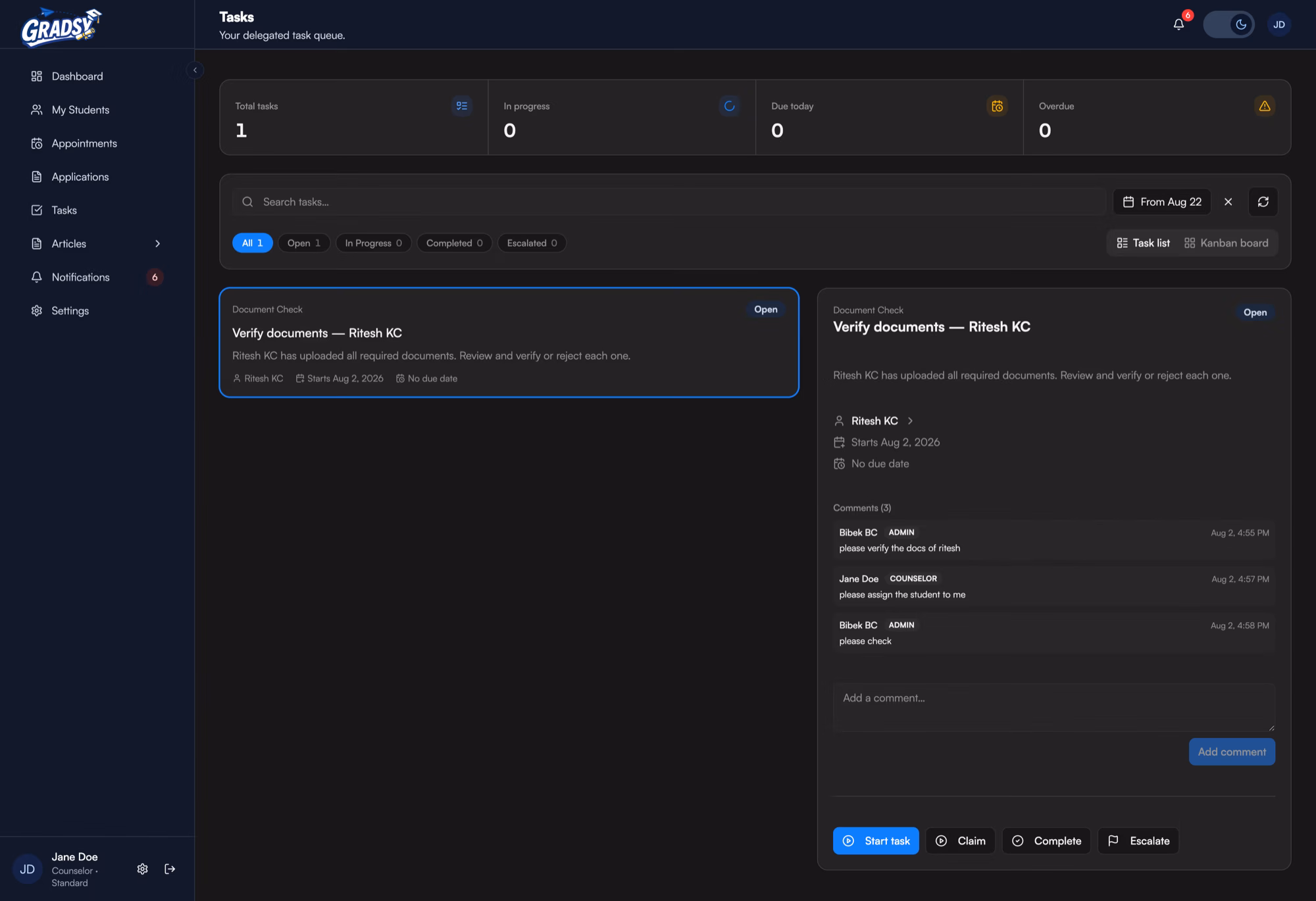A delegated task queue with one open document check, filters by state, and claim, start, complete and escalate actions on the detail panel.