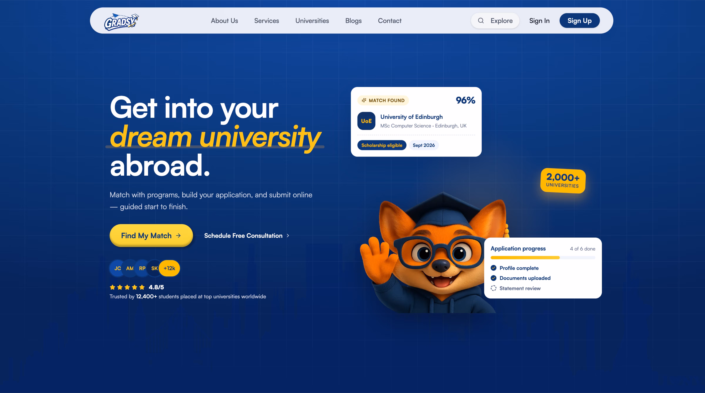 The public marketing site: program matching and application progress presented as the product's two promises, above the sign-up.