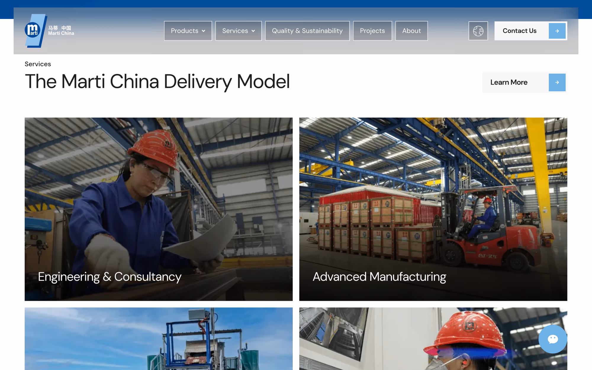 Home page section titled The Marti China Delivery Model, four photographic cards for engineering, manufacturing, site support and quality control.
