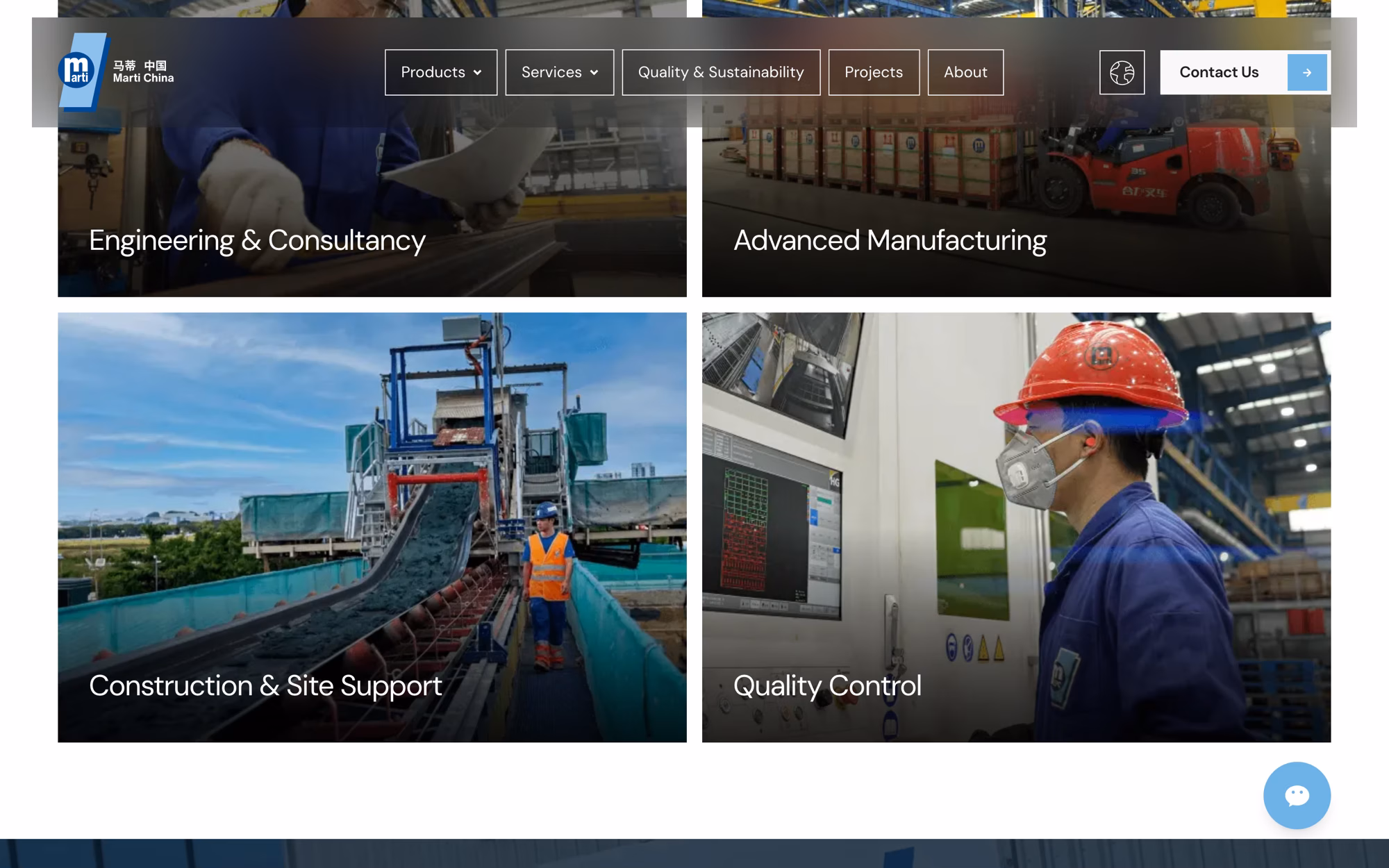 Services page showing four photographic cards: engineering and consultancy, advanced manufacturing, construction and site support, quality control.