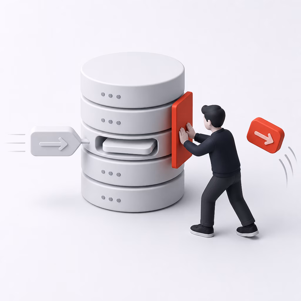 Two identical booking requests arrive at a database core from opposite sides. The builder sets a constraint plate into the core, and the second request bounces off it.