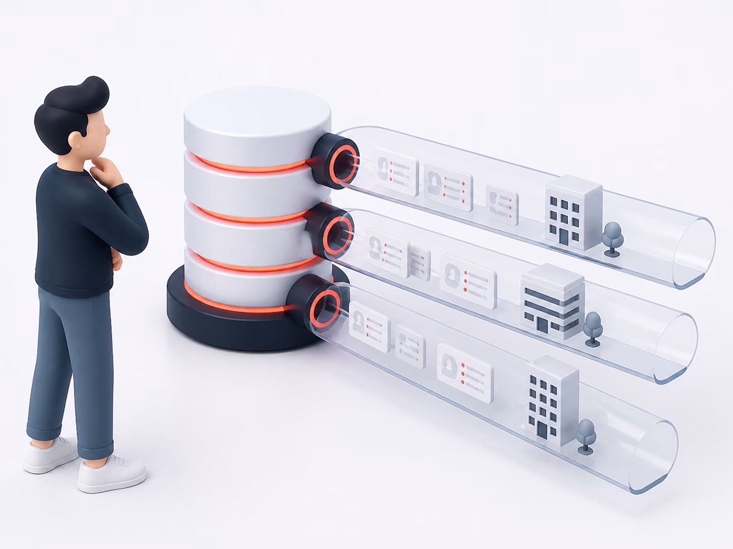 A builder standing beside one glowing database core, with three sealed glass lanes branching out of it, each holding a different company's records and none of them touching.