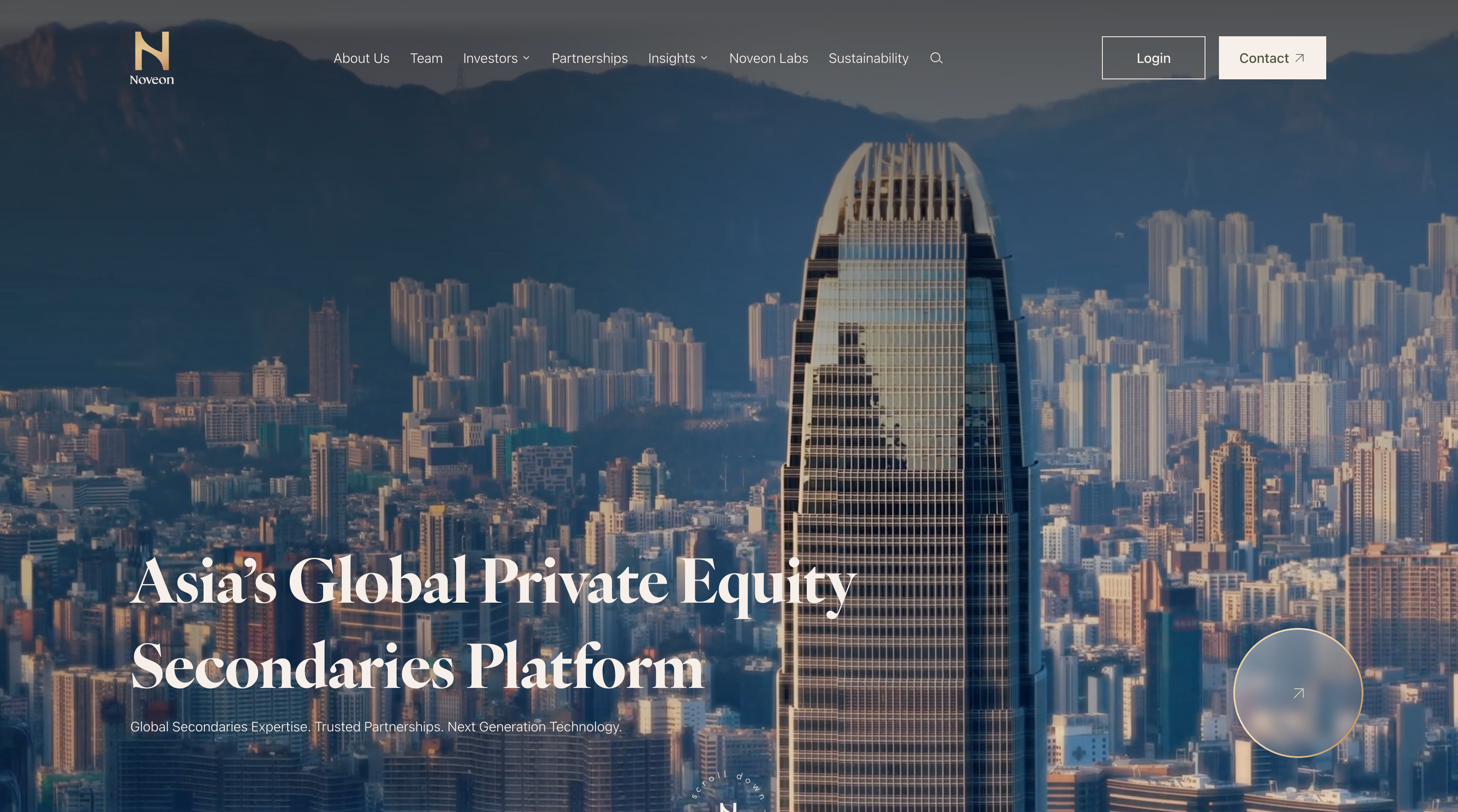 Noveon home page: the headline Asia's Global Private Equity Secondaries Platform over footage of the Hong Kong skyline and the IFC tower.