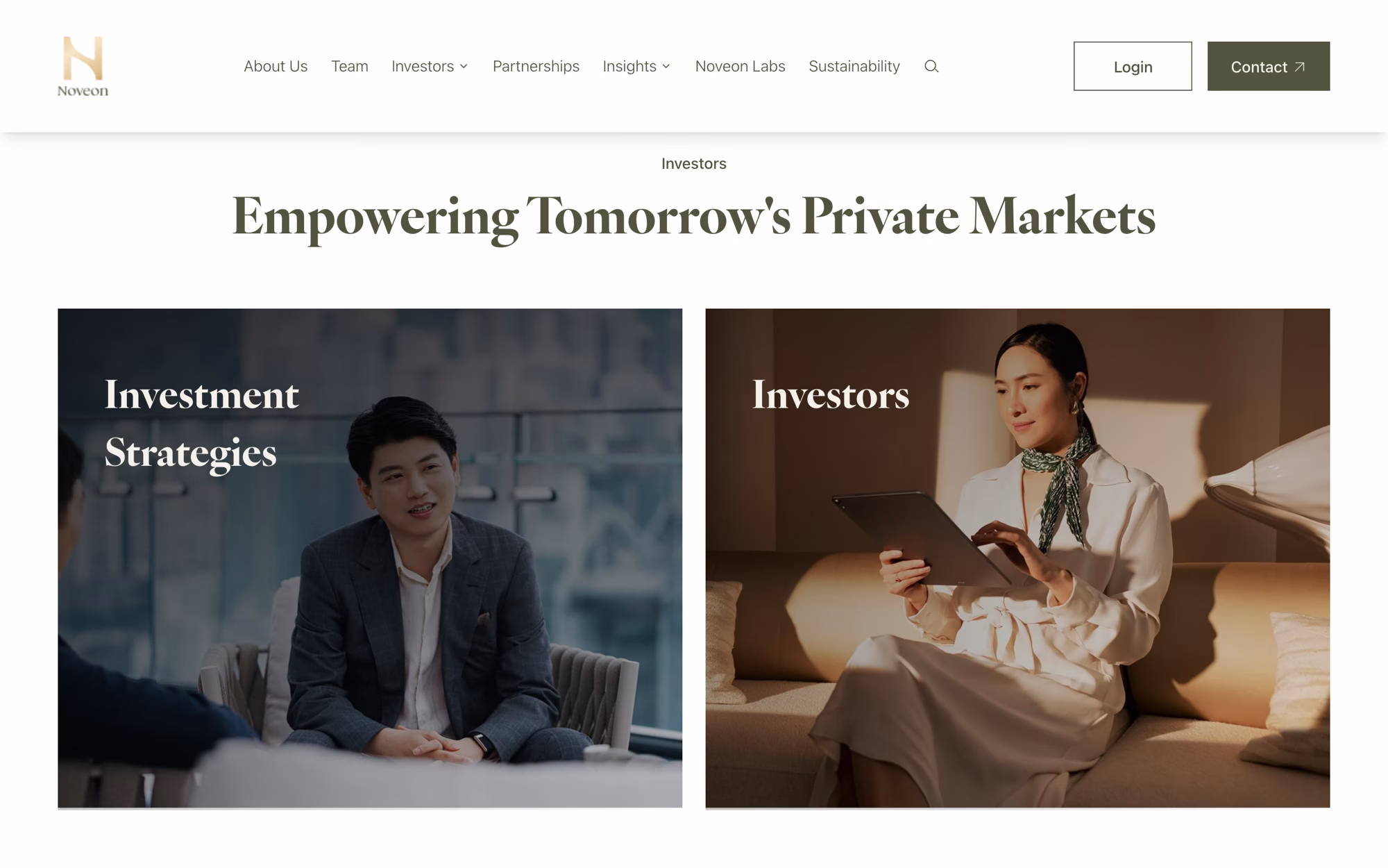 Home page section titled Empowering Tomorrow's Private Markets with two photographic panels, Investment Strategies on the left and Investors on the right.