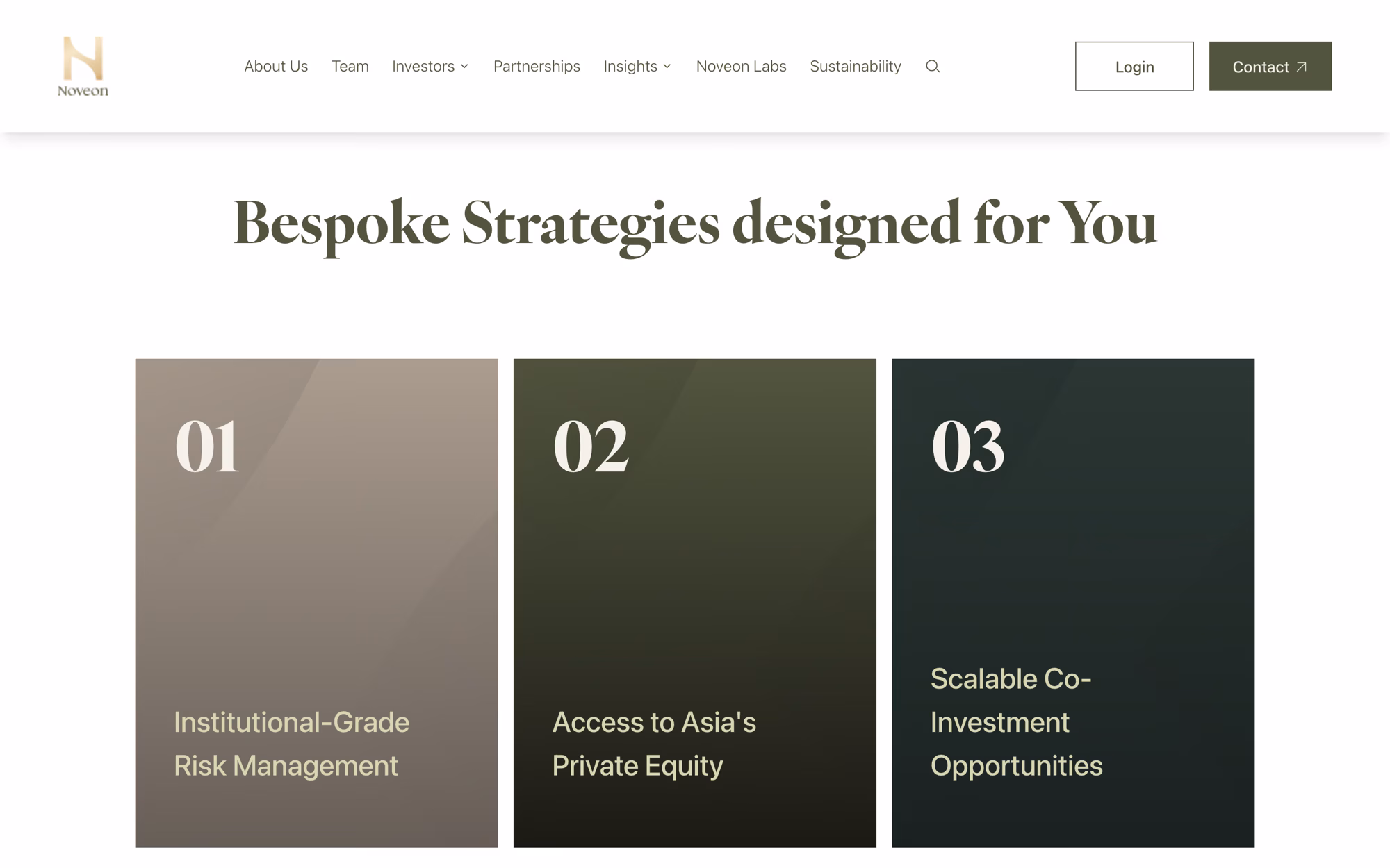 The Family Offices page: three numbered cards headed Bespoke Strategies designed for You, covering risk management, access to Asia and co-investment.