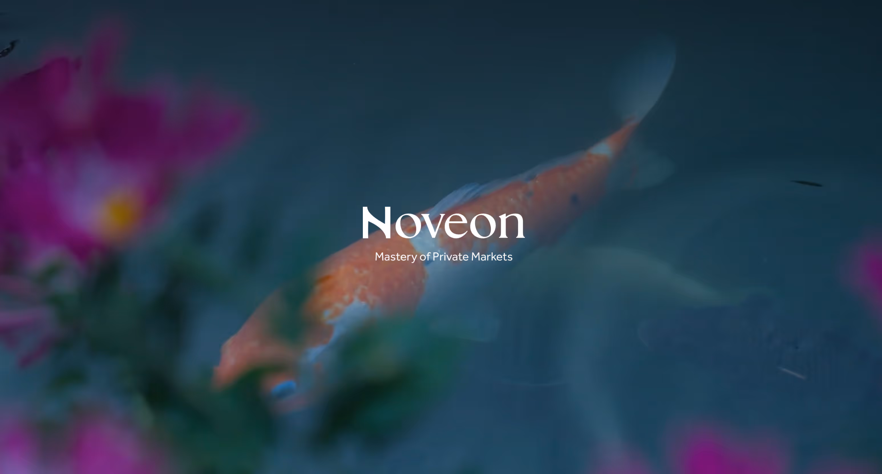 The Noveon home page: Asia's Global Private Equity Secondaries Platform over footage of the Hong Kong skyline and the IFC tower.