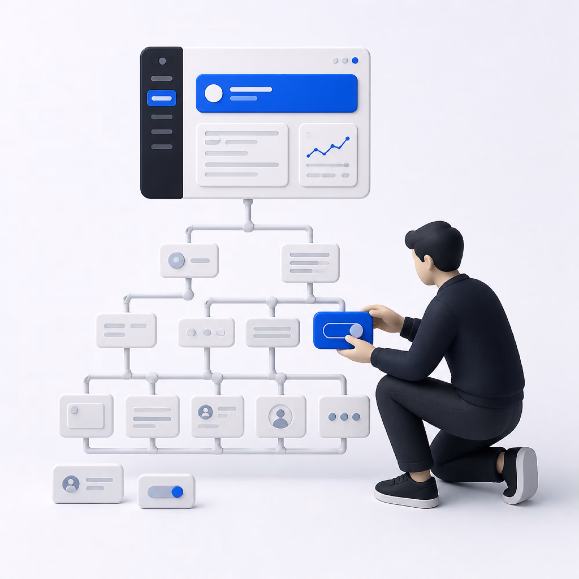 Small interface blocks snapping together into a component tree that resolves into one finished screen.