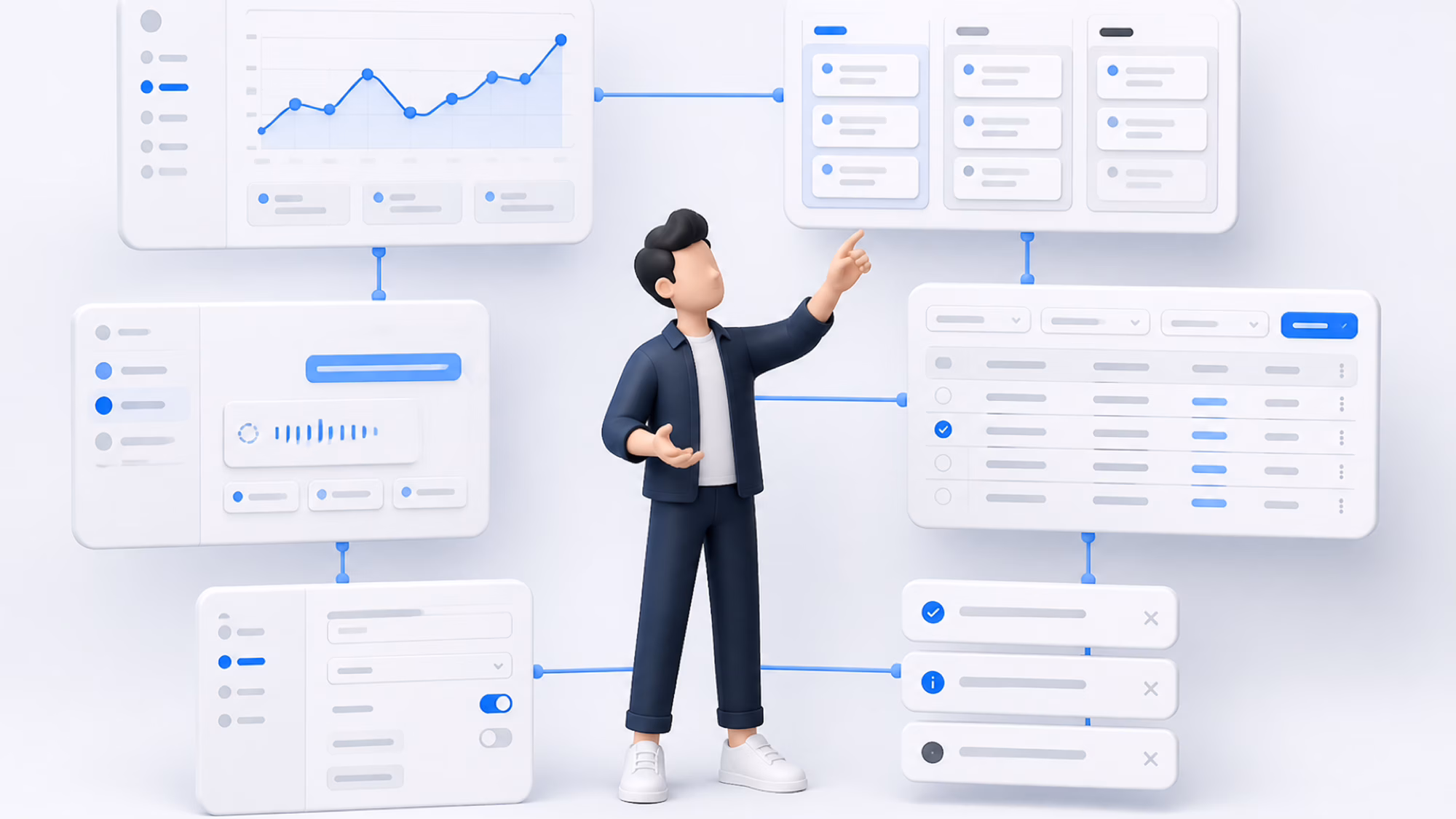 The same builder surrounded by distinct interface panels — an analytics chart, a kanban board, a data table, a settings form and a stack of notifications — wired together with thin lines into one connected product.