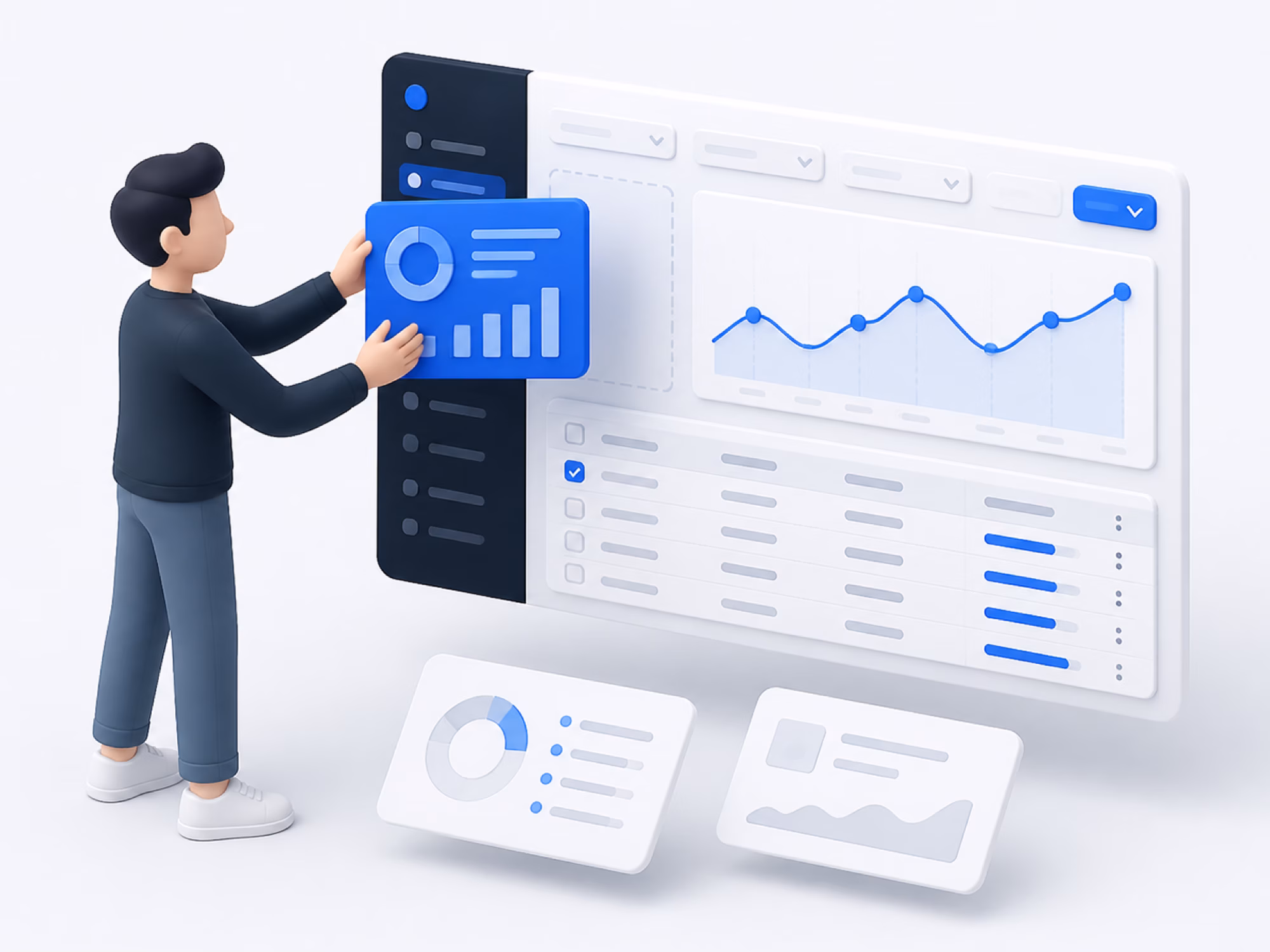 A product builder assembling a dashboard from floating interface panels — a chart, a data table and a filter bar snapping into a single screen.