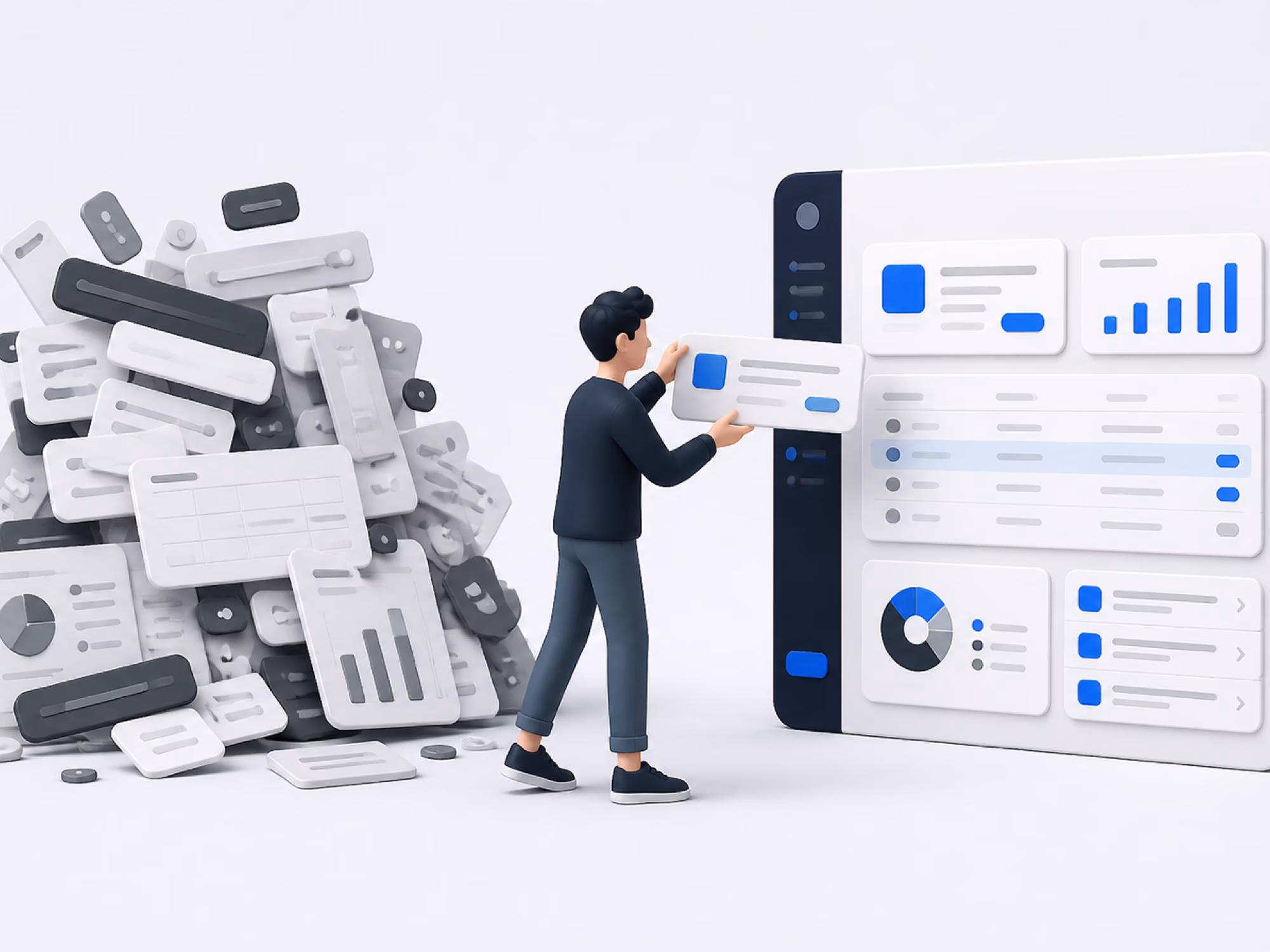 A grey heap of mismatched interface fragments on the left, and the builder carrying one of them across into a clean, aligned product screen on the right.