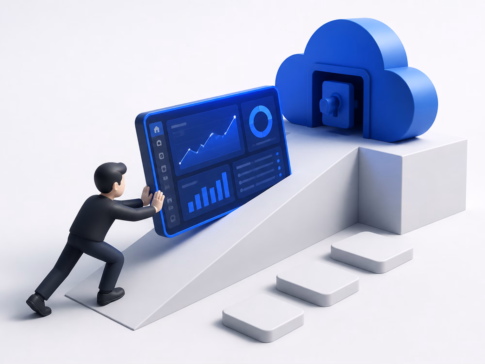 The builder pushing a sealed, finished dashboard up a ramp into a cloud deployment target, with three stepping stones marking the stages passed on the way.