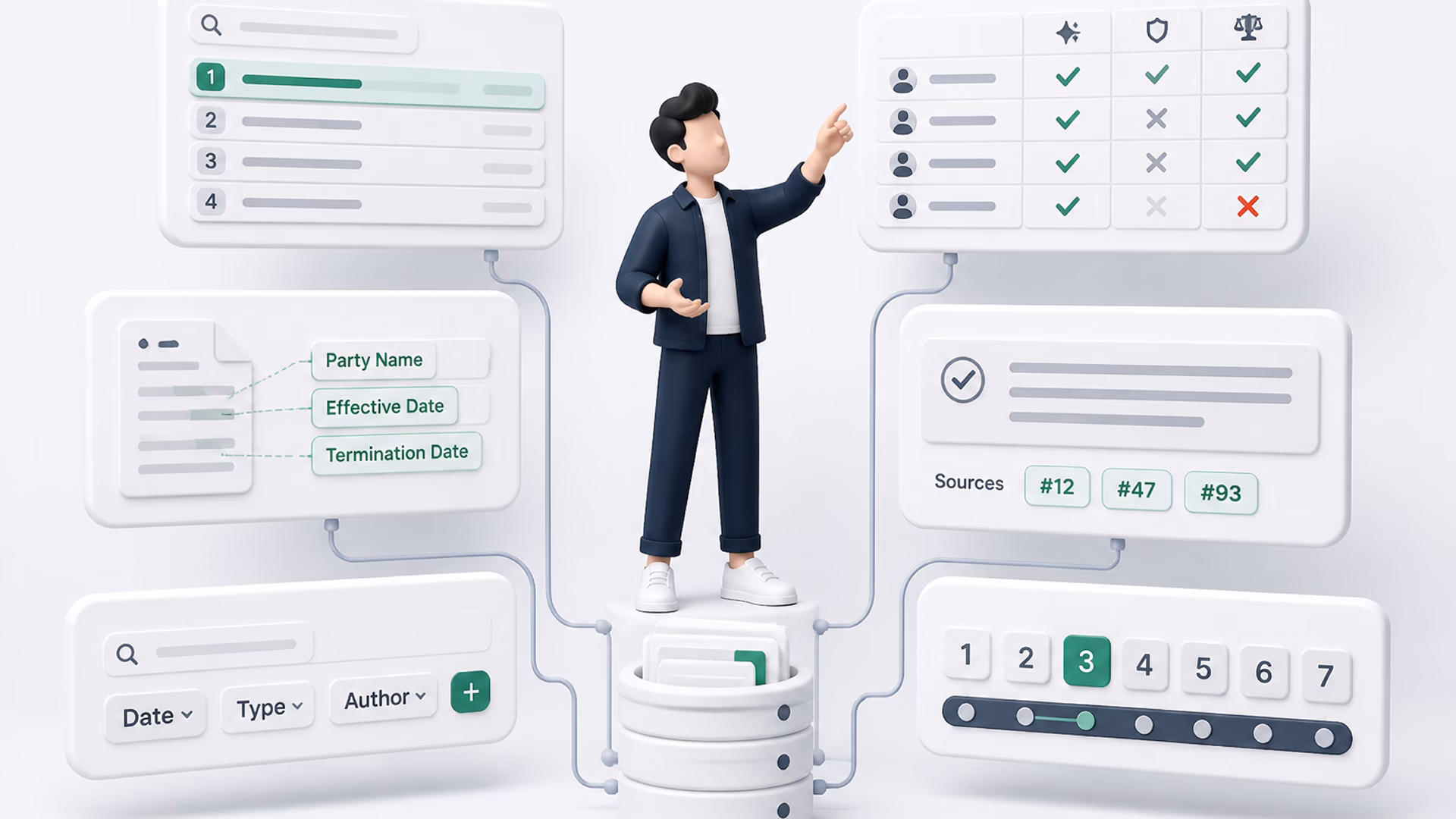 The same builder among floating retrieval panels — a search result list, a contract with fields lifted out of it, an answer with source chips, a filter row and a scored evaluation list — all fed from one document store.