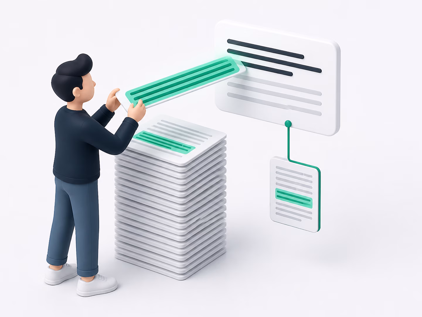 A builder lifting one highlighted paragraph out of a tall stack of documents and setting it into an answer card, with the document it came from pinned underneath.