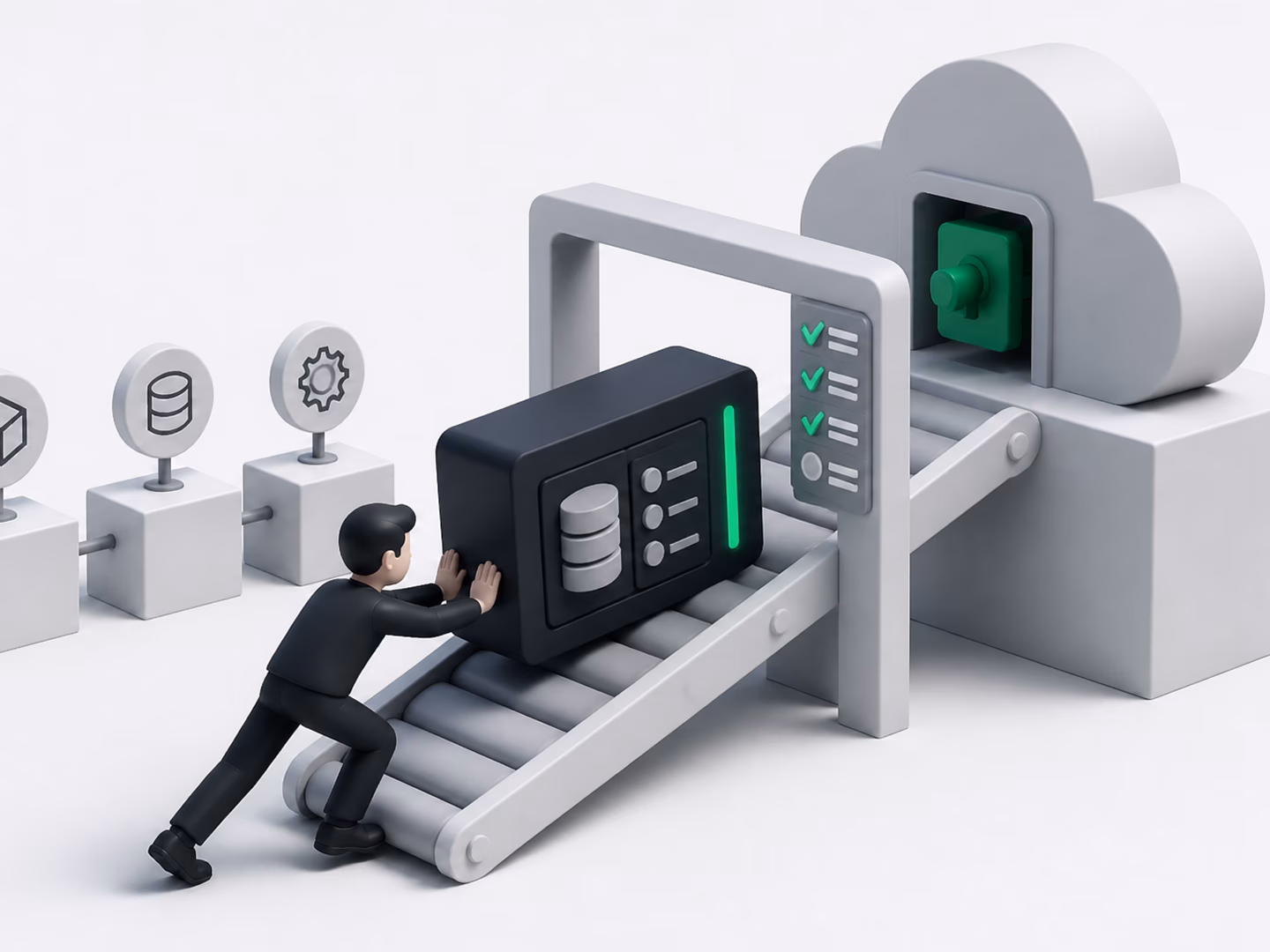 The builder pushing a sealed retrieval pipeline up a ramp into a cloud platform, through a gate holding a scored evaluation checklist.