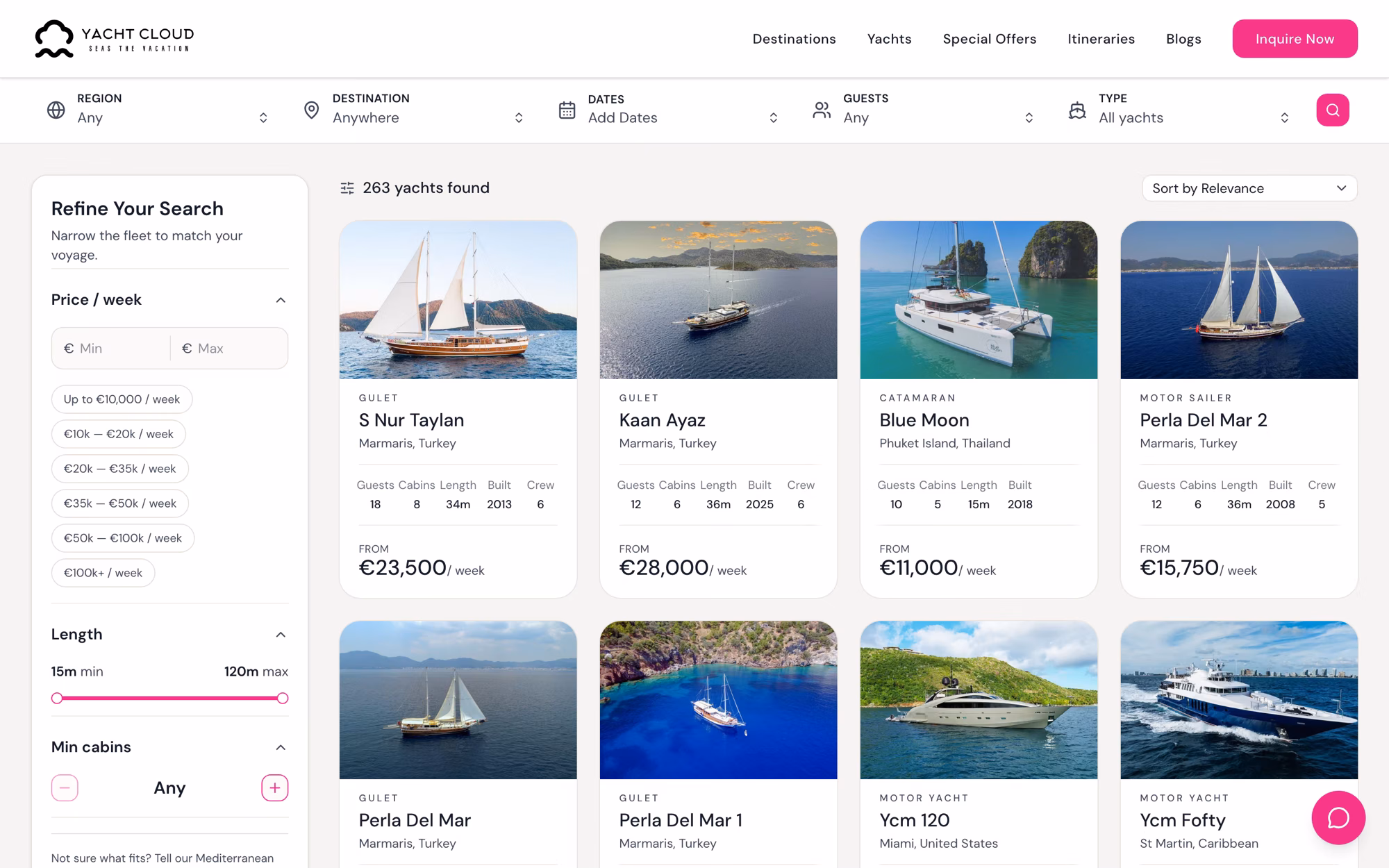 Fleet listing showing 263 yachts with price, length and cabin filters down the left and a sort control.